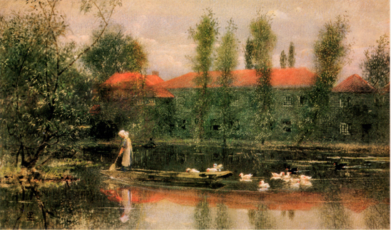 Pond with red roofed buildings