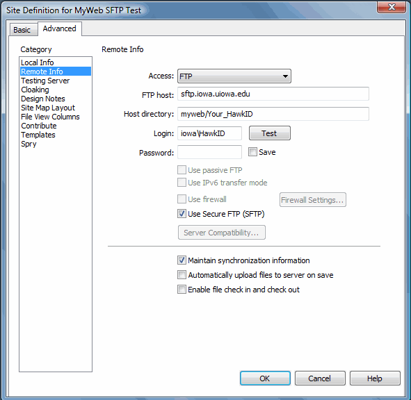 Dreamweaver SFTP properties