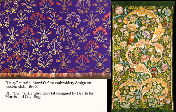 This curtain called Daisy was William Morris' first embroidery design on woolen cloth. It was completed in 1860. The second image is Owl. It is silk embroidery kit designed by Dearle for the Morris Company in 1895.