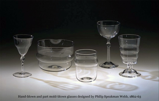 Hand-blown and part mold-blown glasses designed by Philip Webb, 1862-63