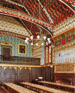 large dining hall with heavily patterened walls